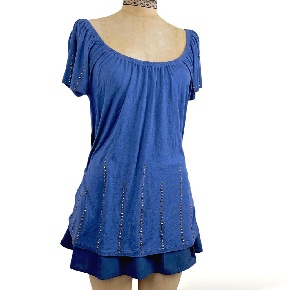 2000s Womens L Studded Tunic Top Boho Flutter Sleeve Y2K Indie Fairy Grunge - Picture 2 of 7
